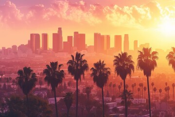Palm trees and buildings in Los Angeles at sunset