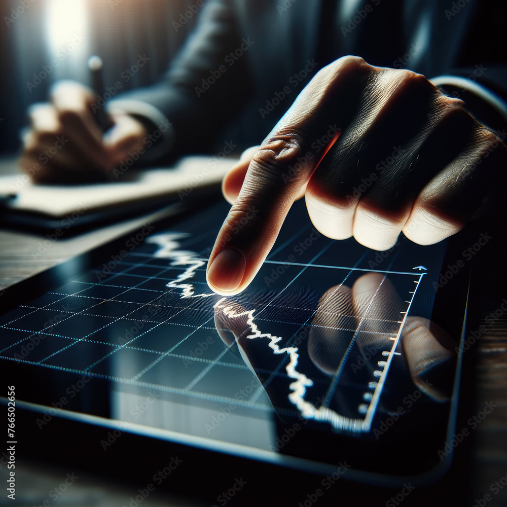 Aufkleber a person is pointing at a graph on a tablet. the graph shows a downward trend, which could indicate 