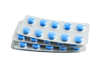 Blue medicine pills in a blister pack isolated on transparent background, healthcare and medicine...