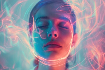 A close-up portrait captures a moment of deep meditation, wrapped in swirling neon lights - obrazy, fototapety, plakaty