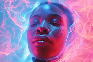 A deeply soulful meditation portrait bathed in vibrant, undulating light trails