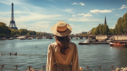A woman in a straw hat looking at the Eiffel Tower from across the Seine River - obrazy, fototapety, plakaty