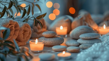 Spa and wellness background with blurred lights, candles, and stacked zen stones - obrazy, fototapety, plakaty