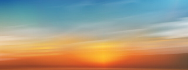Sky Blue with cloud background,Vector Horizon beach sunset with yellow,pink,orange,red in Spring,Panorama beautiful Nature morning sunrise sky in Summer,Banner Romantic Sky landscape background..