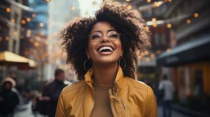Portrait of a beautiful young African American woman with curly hair smiling happily wearing glasses and a yellow jacket - obrazy, fototapety, plakaty