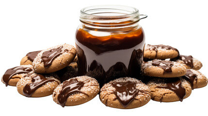 A jar brimming with luscious chocolate-covered cookies sitting next to a tempting mound of cookies