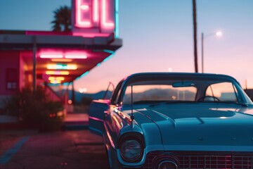 Vintage Automobile by Twilight at Neon-Adorned Motel