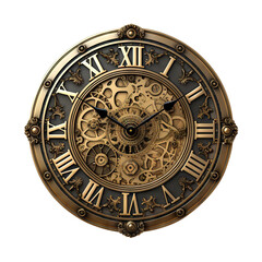 Fototapeta na wymiar Steampunk-inspired clock featuring intricate gears and Roman numerals, cut out