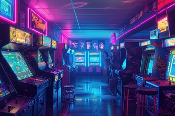 Retro Gaming Arcade with Neon Glow and Classic Machines
