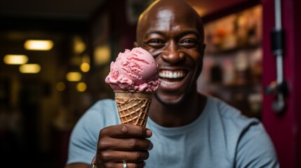 A bald man with a big smile on his face holds up an ice cream cone - obrazy, fototapety, plakaty