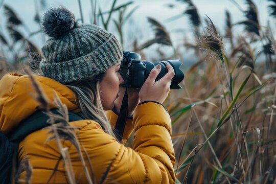 A plus-size young woman in a yellow jacket and knit hat is focused on taking photos with a DSLR camera among tall reeds.