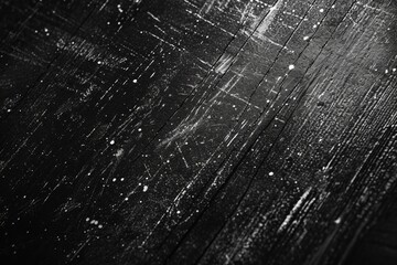 Black wooden background with white spots and scratches - obrazy, fototapety, plakaty