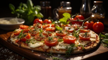 Close-up of a delicious pizza with fresh tomatoes, basil, and mozzarella cheese - obrazy, fototapety, plakaty