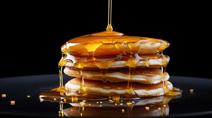 Obraz na płótnie Canvas A stack of pancakes with honey dripping from them. Concept of indulgence and comfort, as pancakes are often associated with breakfast and relaxation