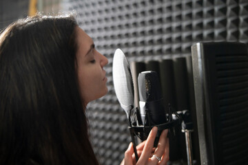 Young Female Artist Recording a New Song in a Soundproof Music Studio - 766503451