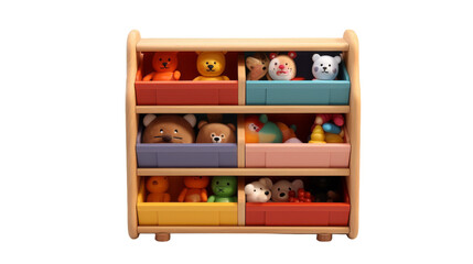A wooden toy shelf overflows with a diverse collection of plush stuffed animals