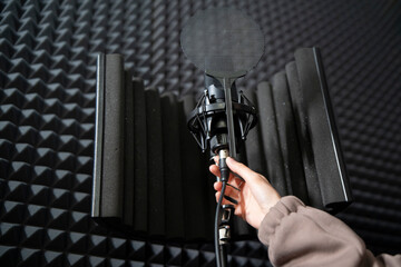 Musician Set Up plug in and adjust  Microphone in Soundproof Recording Studio - 766503478