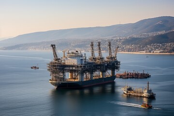 A large oil rig is anchored in the calm sea with a beautiful coastal city in the background