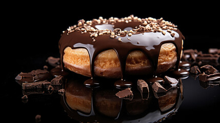 A chocolate donut with chocolate drizzle on top. The donut is sitting on a black background