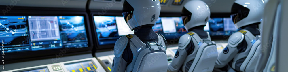 Poster A team of robots with humanoid features engaged in monitoring and managing complex control panels and digital screens
