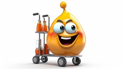 Chemistry flask character with hand truck isolated on white background.Generative AI