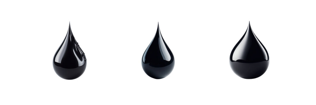 Set of black paint or ink oil drops, illustration, isolated over on transparent white background