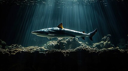 The sleek and streamlined form of a shark as it glides silently through the depths of the ocean,...