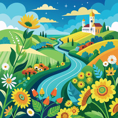 field, sky, trees, yellow, blue, blue, green, red, white, flowers, colorful, juicy, clouds, grain, river, water, bed, vector, art, illustration, landscape, Ukraine, sun