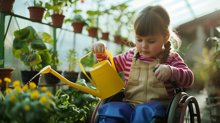 Happy disabled little girl in wheelchair watering plants in greenhouse. Young child gardening...