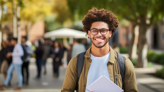 Smiling young male college student with curly hair wearing glasses and a backpack standing on campus