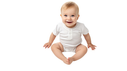 A serene baby in a white shirt sits peacefully on the ground