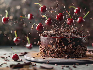 A chocolate cake with cherries on top is being decorated with chocolate sprinkle