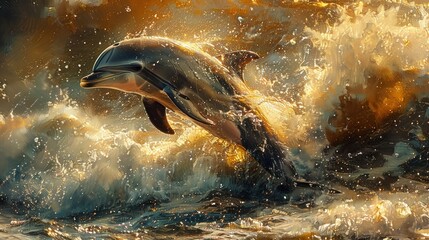 The sleek and streamlined form of a dolphin as it leaps from the waves, catching the sunlight in a dazzling display of grace and agility, a symbol of freedom and joy. - obrazy, fototapety, plakaty