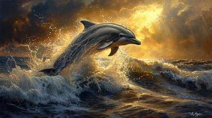The sleek and streamlined form of a dolphin as it leaps from the waves, catching the sunlight in a dazzling display of grace and agility, a symbol of freedom and joy in the ocean.