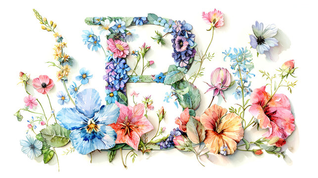 Letter B made of beautiful watercolor flowers alphabet on white background, Generative Ai 