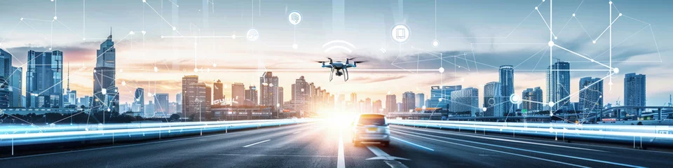 Tuinposter A drone hovers above a bustling city expressway during sunset, with digital overlays hinting at modern technology integration © sommersby