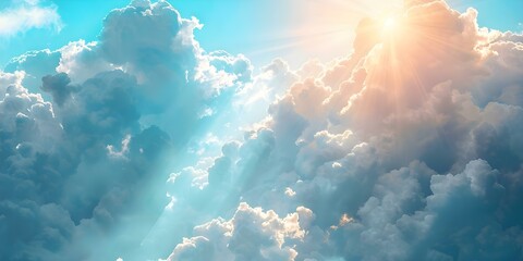 Photo of a radiant sky with sun rays breaking through clouds symbolizing hope and spirituality. Concept Sunrise and Inspiration - obrazy, fototapety, plakaty