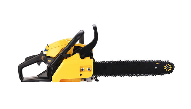 New chainsaw on a white background. Chainsaw.