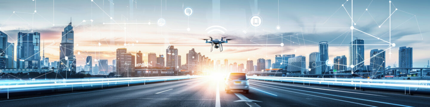 A drone hovers above a bustling city expressway during sunset, with digital overlays hinting at modern technology integration