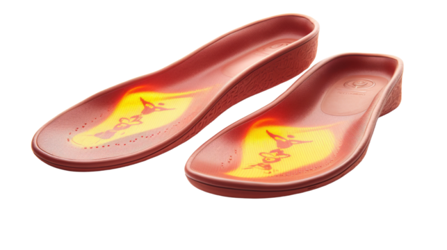 A pair of vibrant red shoes with yellow flame designs