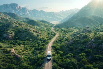 White van travels along a winding dirt road cutting through lush green mountainous terrain with rocky outcroppings under a clear sky - Powered by Adobe