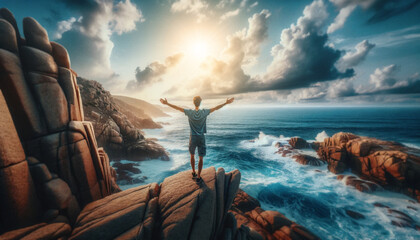 Man with arms raised on coastal rock formations, embracing the sun and sea, feeling of freedom and adventure, coastal landscape concept - obrazy, fototapety, plakaty