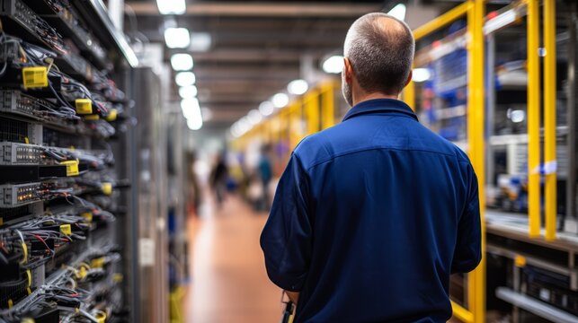 Technician working on telecommunications equipment in a data center