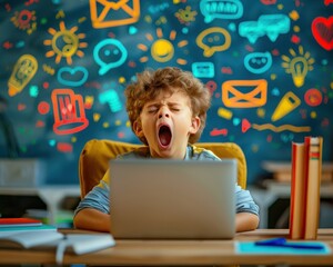  A lazy kid's yawn morphing into digital educational elements, illustrating boredom in online learning environments - obrazy, fototapety, plakaty
