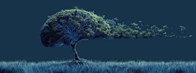  A minimalist digital tree growing from a human brain, illustrating the growth of AI knowledge, set against a solid color