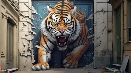 3D tiger mural breaking through the wall. Generative AI