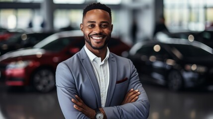 Portrait of a smiling African American car salesman standing in a car dealership showroom with his arms crossed. - obrazy, fototapety, plakaty