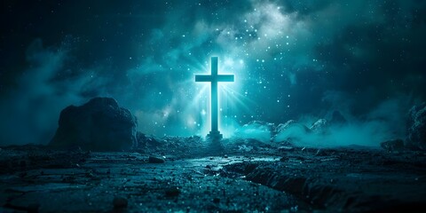 Symbolizing Christ's Sacrifice: A Glowing Cross Against a Celestial Background with Religious and Sacred Imagery. Concept Religious Symbols, Glowing Cross, Celestial Background, Christ's Sacrifice