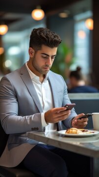 Young Middle Eastern man in suit jacket using two smartphones in cafe