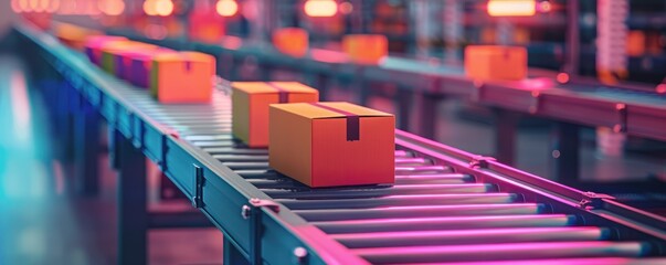  Bright, solid-colored conveyor belt with packages, showcasing the efficiency of automated logistics